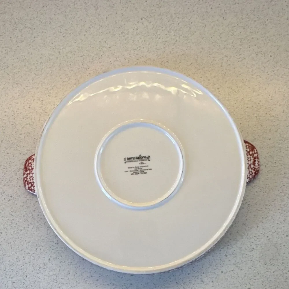 Temp-tations Old World Ceramic Round 2 qt Baking Dish, Oven Safe, Red/White